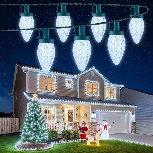 Vista 12 de Cadena de luces LED C9 de Navidad, 66 pies con 100 luces LED impermeables en forma de fresa, cadena de luces con enchufe extensible de cable verde