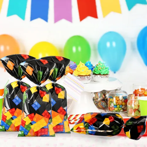 Vista 7 de 100 bolsas de celofán con bloques de construcción, suministros para fiesta de cumpleaños, bolsas de dulces con 100 lazos plateados para recuerdos