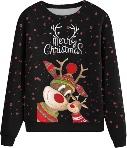 Vista 4 de Camisetas de Navidad para mujer, para otoño, invierno, divertidas, con estampado de ciervos, manga larga, cuello redondo, ajuste holgado