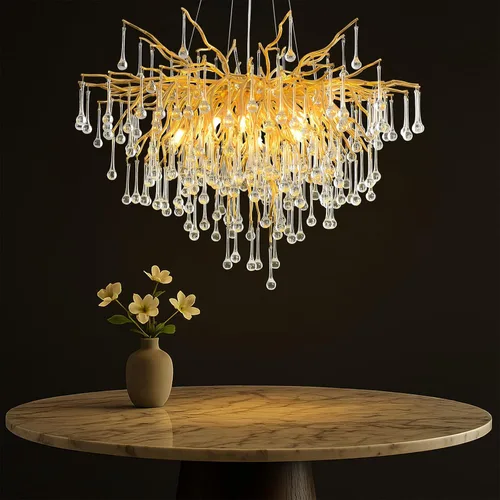 Vista 11 de Candelabro de cristal para comedor, lámpara moderna de 24 pulgadas para sala de estar, candelabros de rama de árbol dorado con 8 luces, lámpara