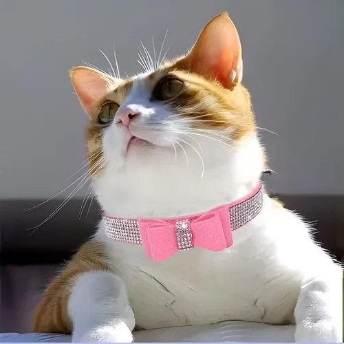 Vista 3 de Collar de perro con diamantes de imitación y lazo ajustable para mascotas, talla XXS, XS, tamaño pequeño, mediano y grande, color rosa, talla XX S
