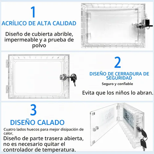 Vista 5 de Caja de bloqueo universal para termostato con llave, protector de termostato grande transparente para termostato en pared, cubierta de termostato se