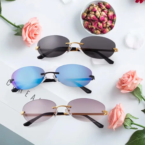Vista 6 de Gafas de sol ovaladas pequeñas sin montura Y2K a la moda vintage de los años 90, gafas de sol con marco para mujeres y hombres futuristas