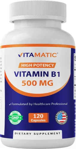 Vista 10 de Vitamatic Vitamina B1 500 mg (mononitrato de tiamina), 120 cápsulas Alta potencia B1, apoya la salud del sistema nervioso y el metabolismo