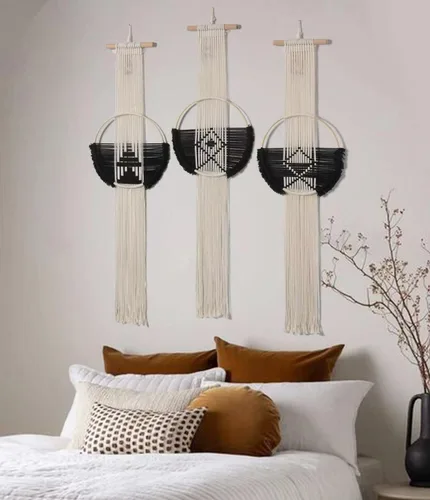 Vista 3 de Flber Macramé para colgar en la pared, 3 piezas, macramé, decoración de pared de macramé, arte de pared redondo, hecho a mano, bohemio