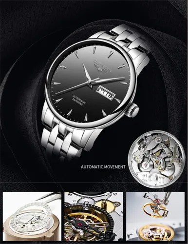 Vista 7 de Reloj de pulsera de cuero de acero inoxidable mecánico automático automático de moda analógica para hombre Fecha luminosa