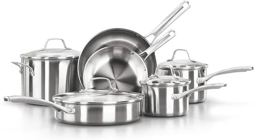 Vista 5 de Calphalon Juego de utensilios de cocina de acero inoxidable cepillado de 3 capas con Turbo Heat Tech 3 piezas, incluye juego de sartenes para freír