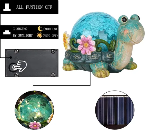 Vista 7 de Afirst Estatuas solares de jardín para exteriores, adorno de césped de tortuga con luces solares de vidrio agrietado para decoración de patio