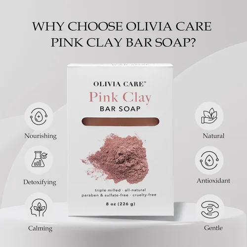 Vista 3 de Olivia Care Jabón en barra de arcilla rosa 100% natural, vegano y orgánico – para rostro y cuerpo – Desintoxica, exfolia, hidrata, hidrata
