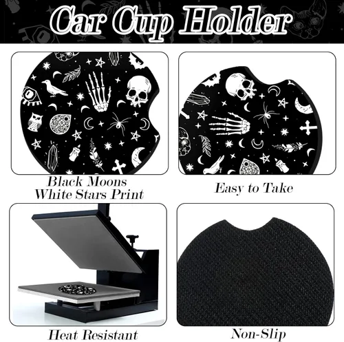 Vista 10 de Juego de 4 piezas de accesorios para auto con estampado de lunas negras y estrellas blancas, funda para volante con estampado de lunas negras