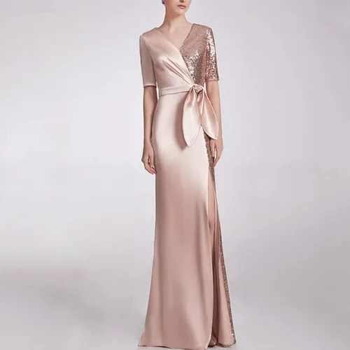 Vista 3 de na Vestido de noche largo de tela con costuras doradas de temperamento delgado para mujer, talla grande, lentejuelas delgadas para banquete