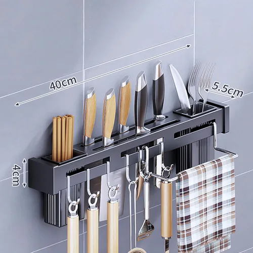 Vista 2 de Estante para utensilios de cocina, soporte para cubiertos de cocina, organizador de pared para cucharas, cuchillos, tenedores, palillos (negro)