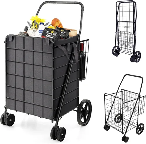 Vista 9 de Goplus Carrito de compras plegable jumbo con ruedas giratorias, carrito de compras plegable sobre ruedas con doble cesta, carrito de utilidad