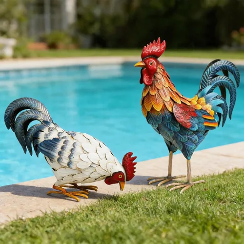 Vista 6 de Shorayn Estatuas de gallo de metal, decoración de pollo de metal para jardín al aire libre, esculturas de jardín, adornos de pollo, arte de patio
