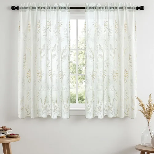 Vista 33 de VISIONTEX 2 paneles de cortinas traslúcidas de 63 in de largo, cortinas de gasa semitransparentes bordadas con hojas florales beige, bolsillo