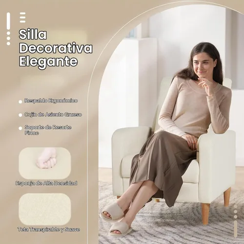 Vista 3 de COLAMY Mid-Century - Silla decorativa tapizada moderna con almohada trasera y patas de madera maciza, sillón acogedor de tela para sala de estar