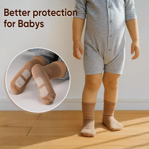 Vista 5 de HONGTEYA 9 pares de calcetines para niños pequeños, calcetines antideslizantes de algodón para bebés con agarres de 0 a 5 años