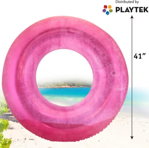 Vista 2 de Playtek - Anillo flotante gigante para piscina, tubo de natación redondo grande con purpurina rosa, flotadores duraderos para nadar en la playa