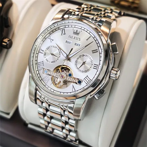 Vista 2 de OLEVS Reloj automático para hombre, cuerda automática, mecánica, de lujo, de acero inoxidable, multicalendario, impermeable, luminoso, reloj