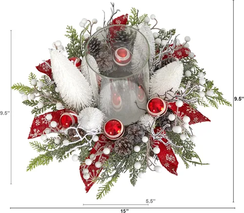 Vista 2 de Nearly Natural Arreglo artificial navideño iluminado de 15 pulgadas con vela de bosque