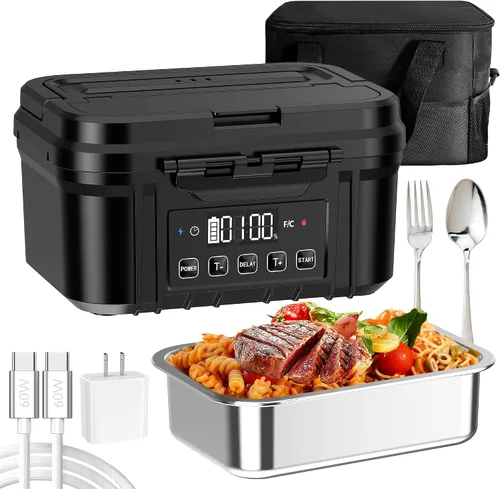 Vista 9 de Fiambrera eléctrica inalámbrica para adultos – Fiambrera calentada a batería con recipiente de acero inoxidable de 1.2 L, función de temporizador