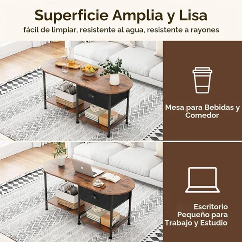 Vista 4 de Mesa de centro ovalada pequeña de 37 pulgadas con almacenamiento, mesa central de madera moderna para espacios pequeños, apartamento, oficina