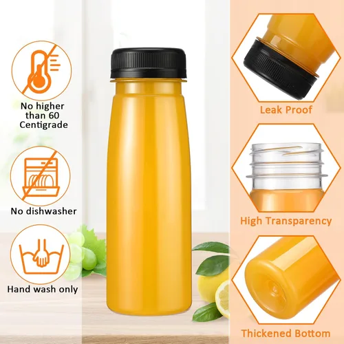 Vista 3 de Tanlade 100 botellas de plástico para jugos con tapas, contenedor de bebidas para refrigerador, con tapa, botellas transparentes reutilizables