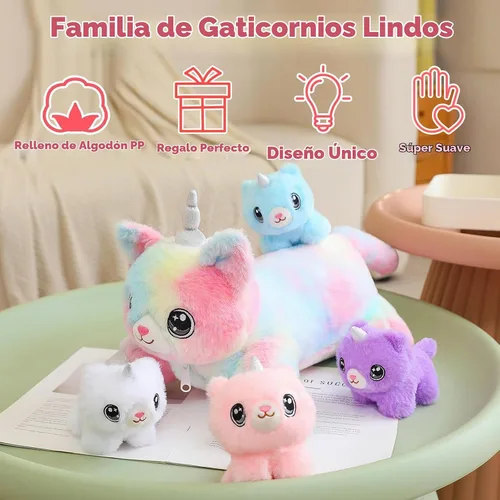 Vista 6 de SQEQE Gato Unicornio de Peluche Mamá Gato Unicornio con 4 Lindos Gatitos Bebé - Regalos de Cumpleaños de Peluche para Niños y Niñas Caticornio