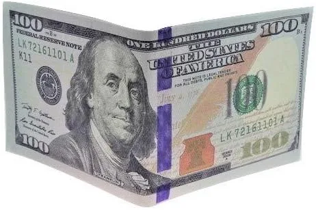 Vista 4 de Billetera de dinero de $100. Billete de cien dólares impreso biplegable, grande (7.5") divertido Big Bucks Novedad
