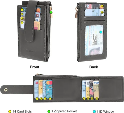 Vista 3 de Chelmon Billetera delgada para mujer, con bloqueo RFID, plegable, con bolsillo con cremallera, Gris oscuro con llavero, Minimalista