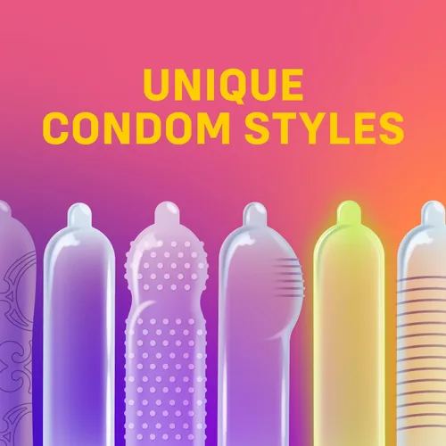 Vista 2 de ONE® Condones Placeres Mixtos Paquete de 100 Condones de Látex Variedad