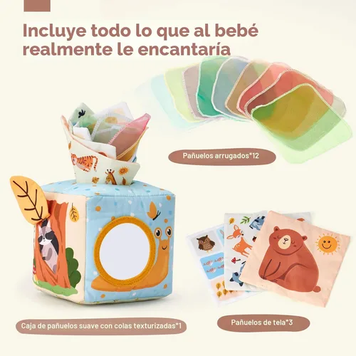 Vista 7 de hahaland Caja de pañuelos de juguete para bebé, juguetes Montessori de 6 a 12 meses, juguetes Montessori para niños de 6 meses, regalos para bebés
