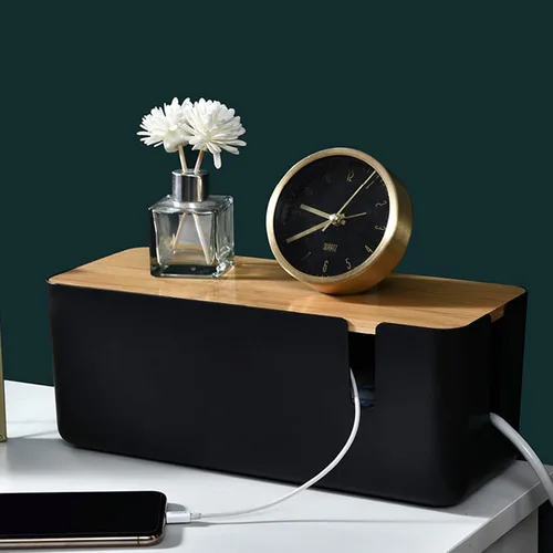 Vista 4 de Changsuo Caja de organización de cables con tapa de bambú, pequeña caja organizadora de cables para cable de extensión, protector de sobretensiones
