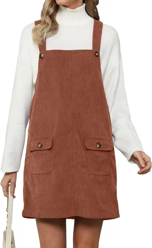 Vista 25 de luvamia Vestido de pana para mujer, tirantes ajustables, casual, a la moda, overoles cortos con bolsillos