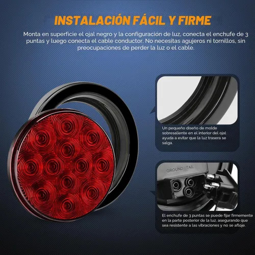 Vista 6 de Nilight - TL-18 2PCS Luces Traseras LED Redondas Rojas de 4" para Remolque con Enchufes de Ojales de Montaje en Superficie IP67 Luces de Parada Rojo