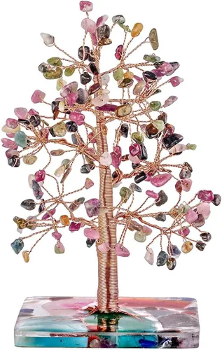 Vista 7 de Nupuyai Árbol de dinero de piedra de cristal aguamarina envuelto en rodajas de ágata orgón, árbol de la vida, bonsái de Feng Shui, decoración