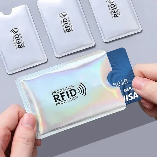 Vista 4 de Shudyear 10 fundas de bloqueo RFID para protección contra robo de identidad, papel de aluminio impermeable diseño delgado fácilmente en tu cartera