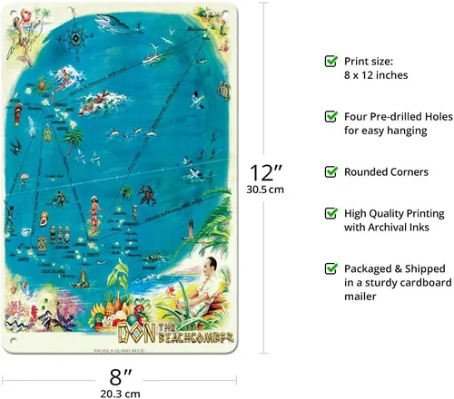 Vista 2 de Pacifica Island Art Mapa de las Islas Polinesias - Don the Beachcomber Tiki Bar and Restaurant - Cubierta de menú hawaiana vintage c.1959 - Cartel