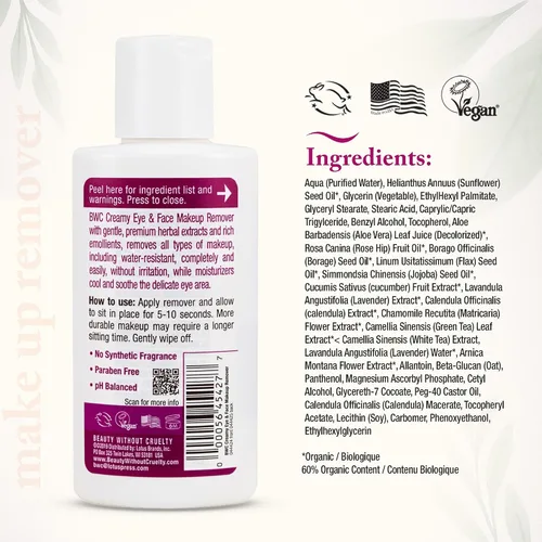 Vista 2 de Beauty Without Cruelty Removedor de maquillaje cremoso para rostro y ojos, removedor de maquillaje hidratante extra suave e impermeable + algodón