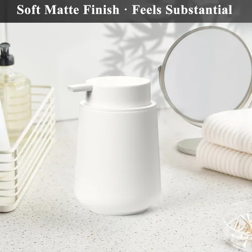 Vista 4 de Dispensador de jabón líquido de manos de plástico, botella de jabón recargable de 11 onzas para encimeras de baño y cocina, moderno blanco mate