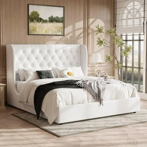 Vista 15 de HOMBCK - Marco de cama tamaño completo, base de cama tapizada en plataforma gris con cabecero, terciopelo acolchado, diseño de ala curvada, listones