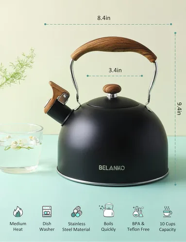 Vista 5 de Hervidor de Té, BELANKO 85 OZ / 2.5 Litros Hervidor de Té Silbante, Teteras para Estufa de Acero Inoxidable Grado Alimentario con Mango Plegable