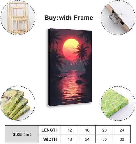 Vista 2 de ZMLIS Futuristic Vaporwave Retro Wall Art – Neon Grid Palm Trees City – Synthwave Style 80s Digital Print Canvas Wall Art Print Poster For Home