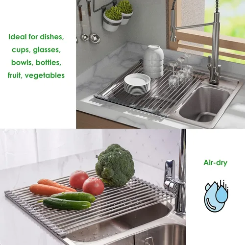 Vista 4 de Tomorotec Escurridor de platos enrollable, estante de secado de platos sobre el fregadero, estante portátil de acero inoxidable con ruedas multiusos