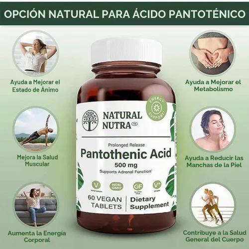 Vista 3 de Natural Nutra Lanzamiento Tiempo Ácido Pantoténico 500 mg, 60 Tabletas