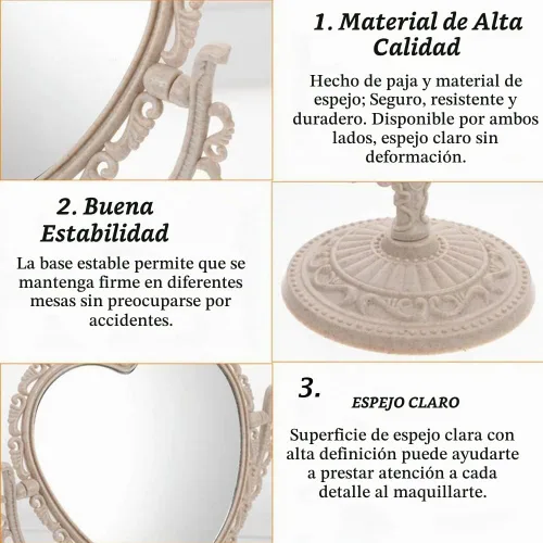 Vista 8 de AKOAK Espejo cosmético en forma de corazón, plástico, de doble cara, giratorio, ligero, espejo de baño y dormitorio (beige)