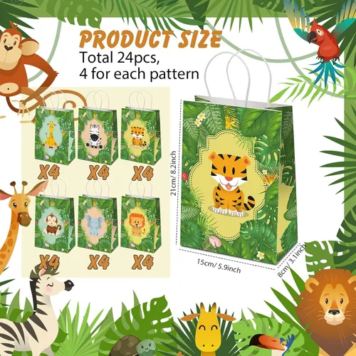 Vista 4 de Gersoniel 24 bolsas de regalos de safari, bolsas de recuerdos de fiesta de selva de safari con asas para niños, bolsas de regalo de cumpleaños