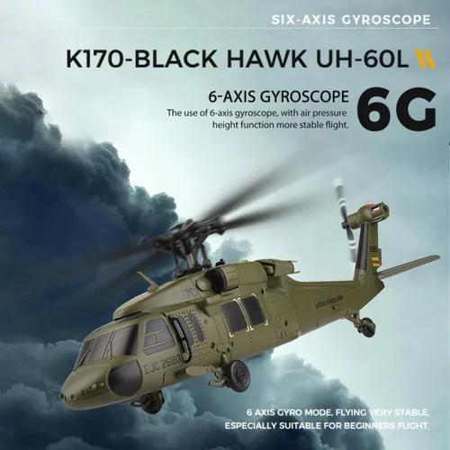 Vista 7 de Helicóptero RC K170 UH60L, helicóptero de control remoto para adultos principiantes, 2.4G 4CH RC Plane 6 ejes giroscopio altitud aeronaves militares