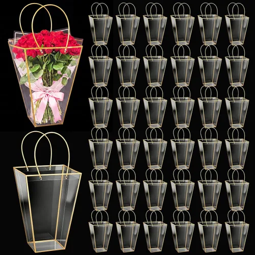 Vista 8 de Yexiya 12 bolsas florales grandes transparentes para ramo de flores a granel con asa transparente para regalo de boda, regalo de boda, regalo