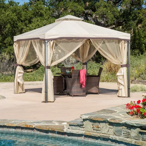Vista 2 de Toldo con cortinas de red para glorieta de hierro Sonoma Outdoor, Beige